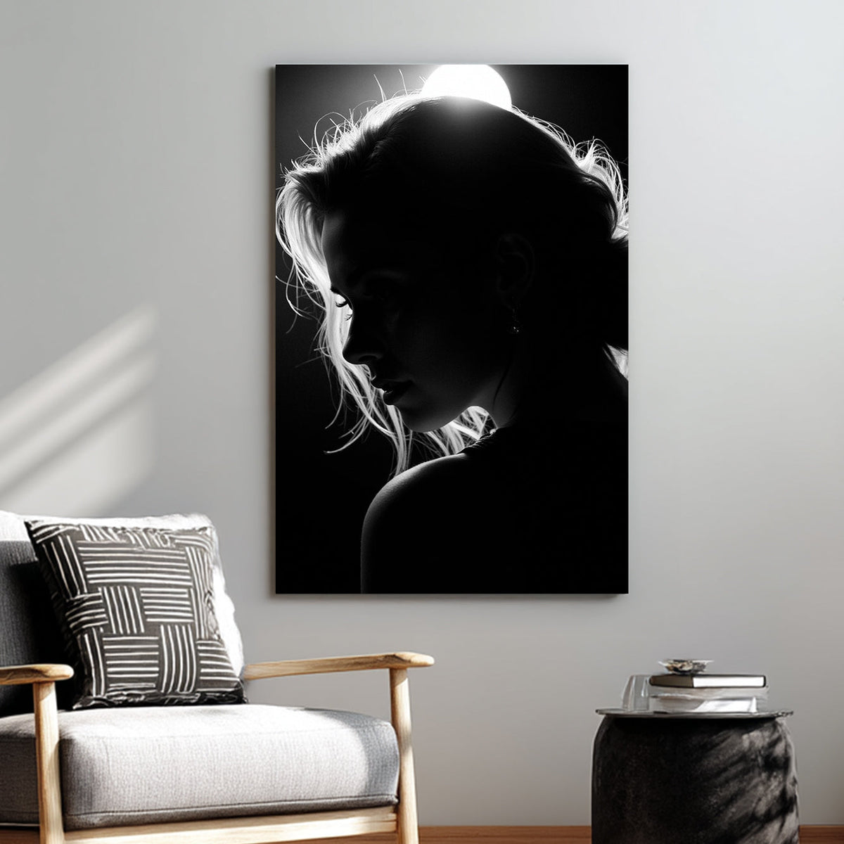 black and white silhouette woman under soft light wall art