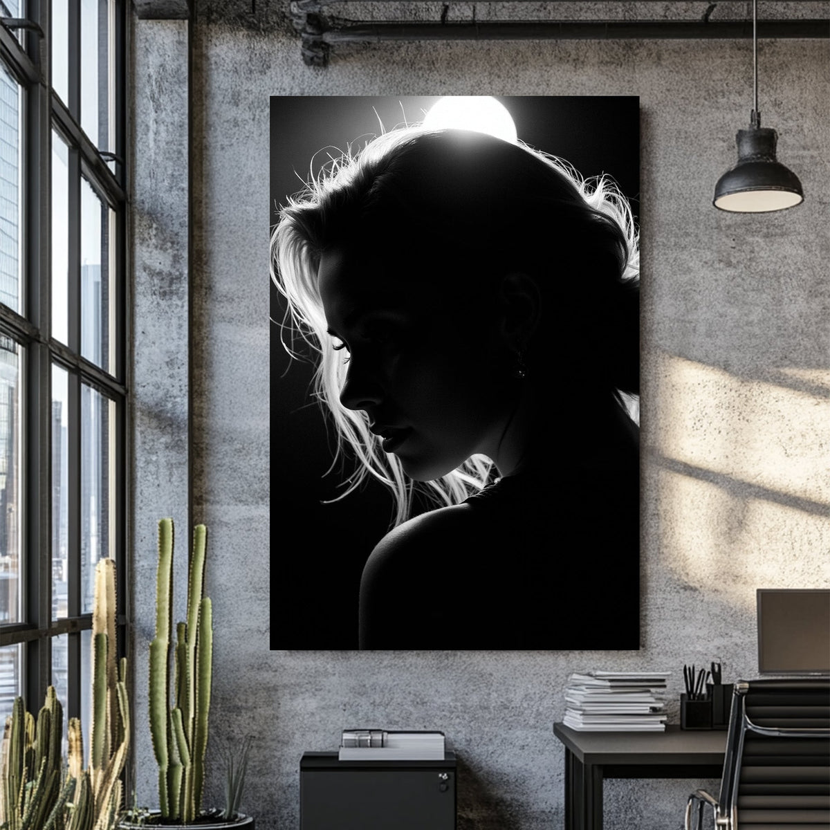 black and white silhouette woman under soft light wall art