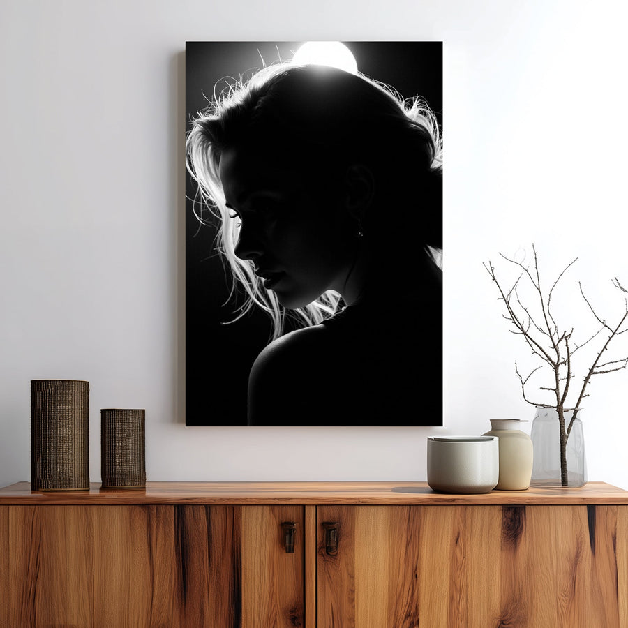 black and white silhouette woman under soft light wall art