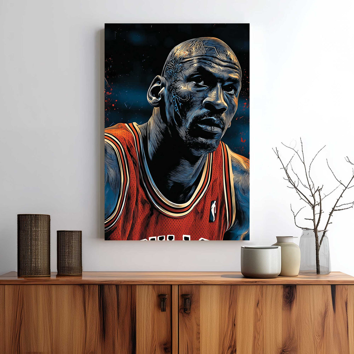 Michael Jordan intense stare wall art in bold graphic style with blue and red tones