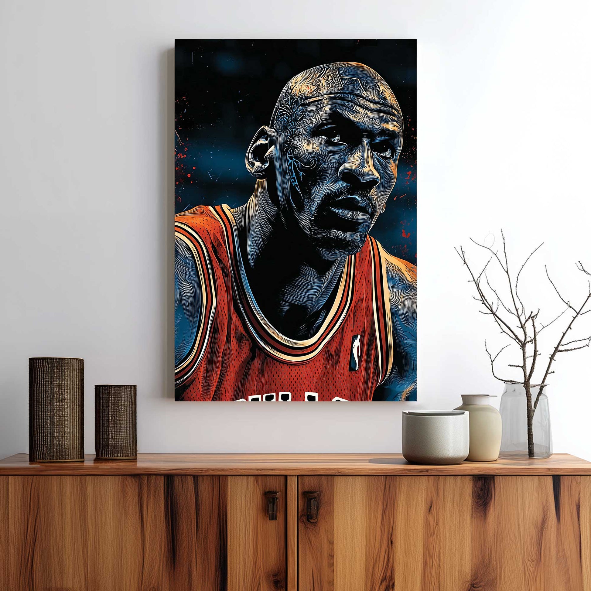 Michael Jordan intense stare wall art in bold graphic style with blue and red tones
