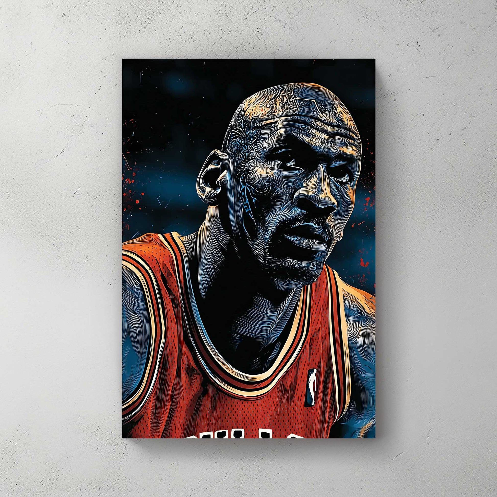 Michael Jordan intense stare wall art in bold graphic style with blue and red tones