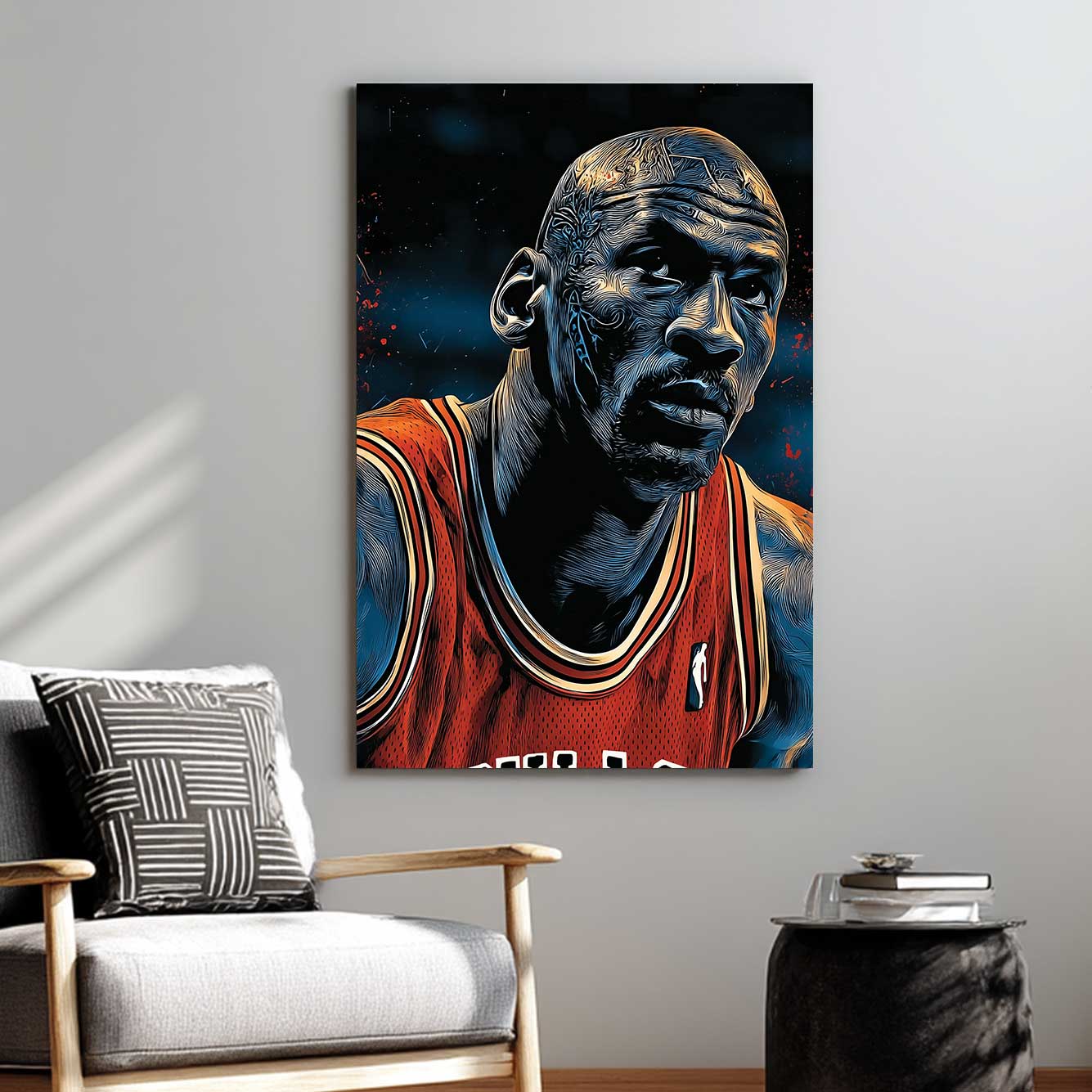 Michael Jordan intense stare wall art in bold graphic style with blue and red tones