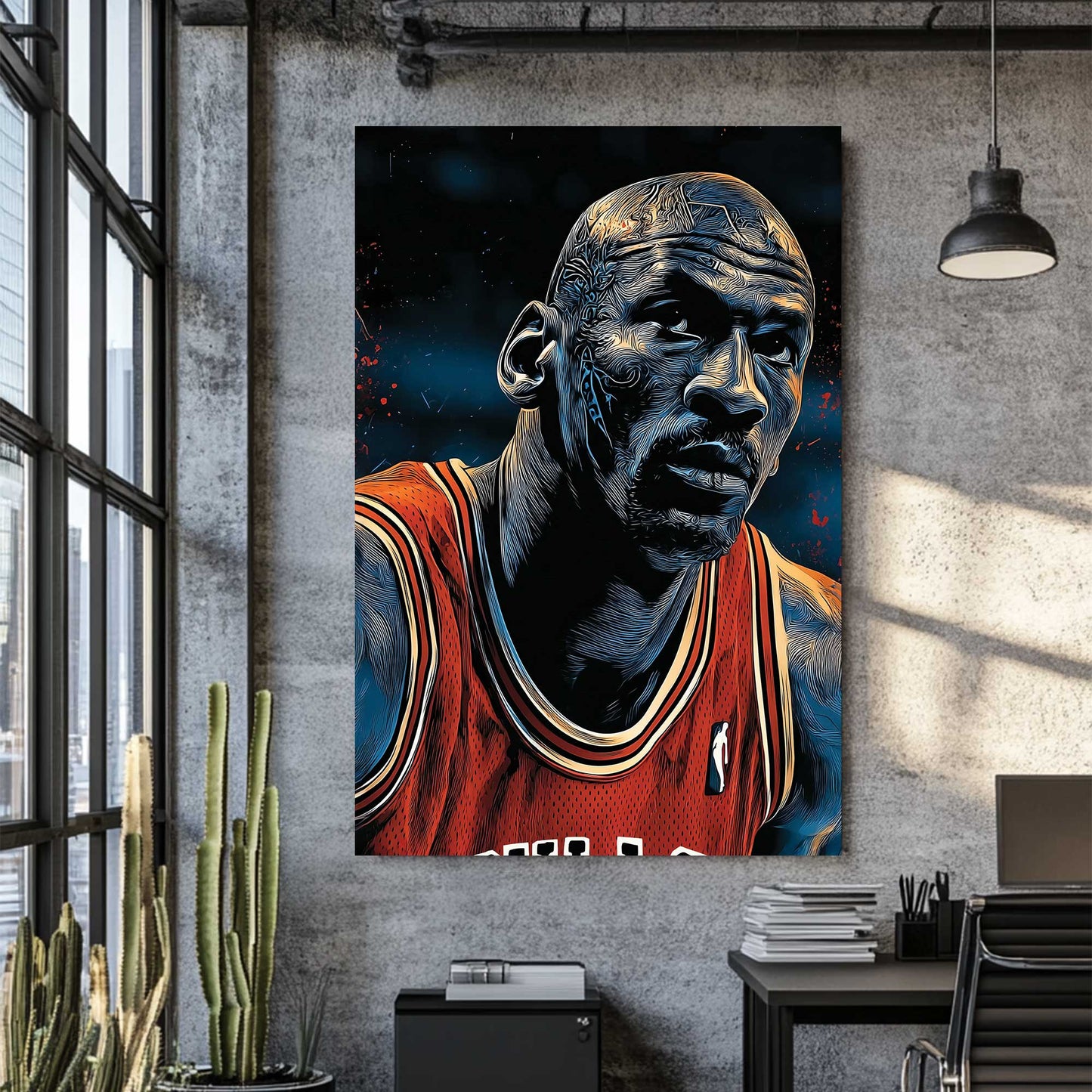 Michael Jordan intense stare wall art in bold graphic style with blue and red tones