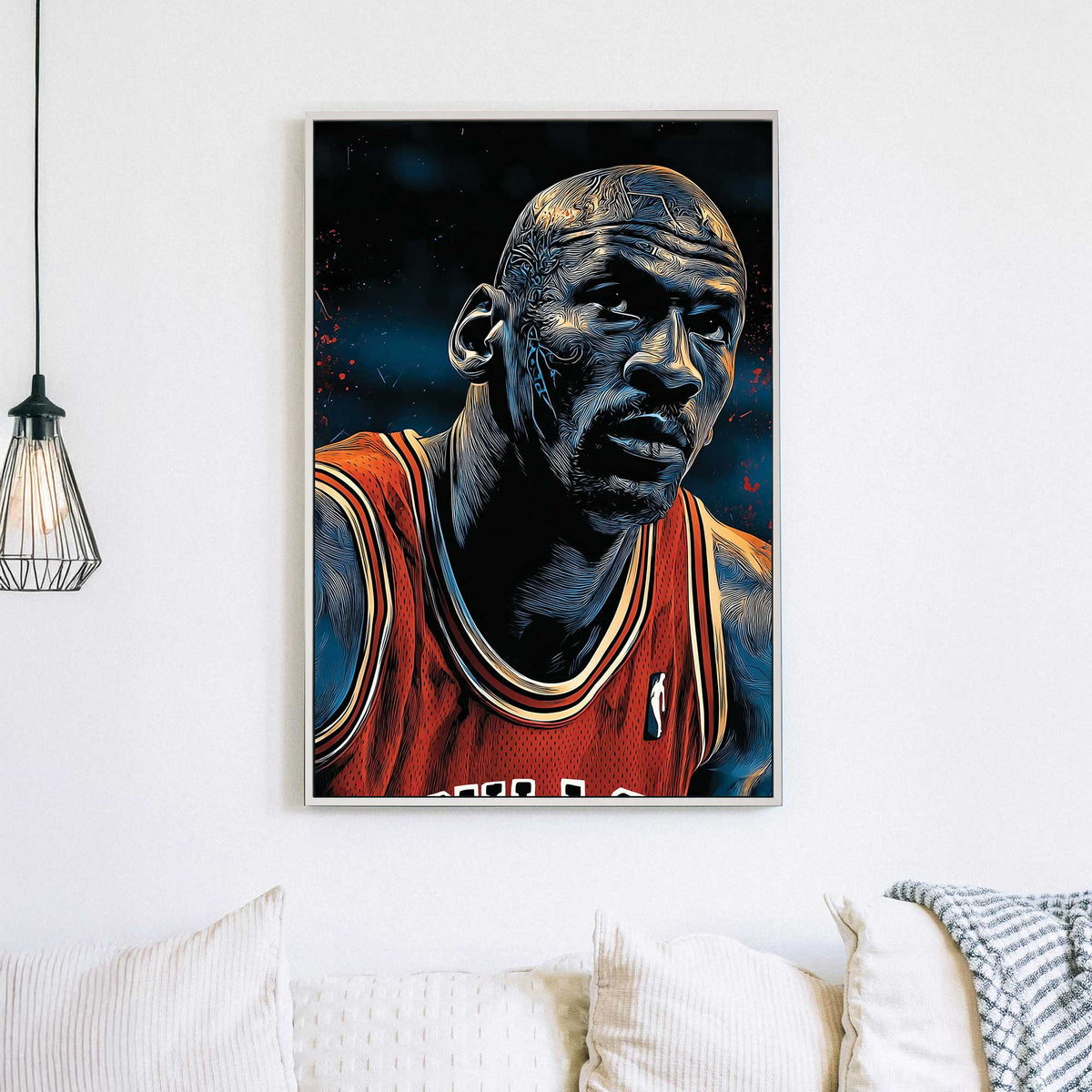 Michael Jordan intense stare wall art in bold graphic style with blue and red tones