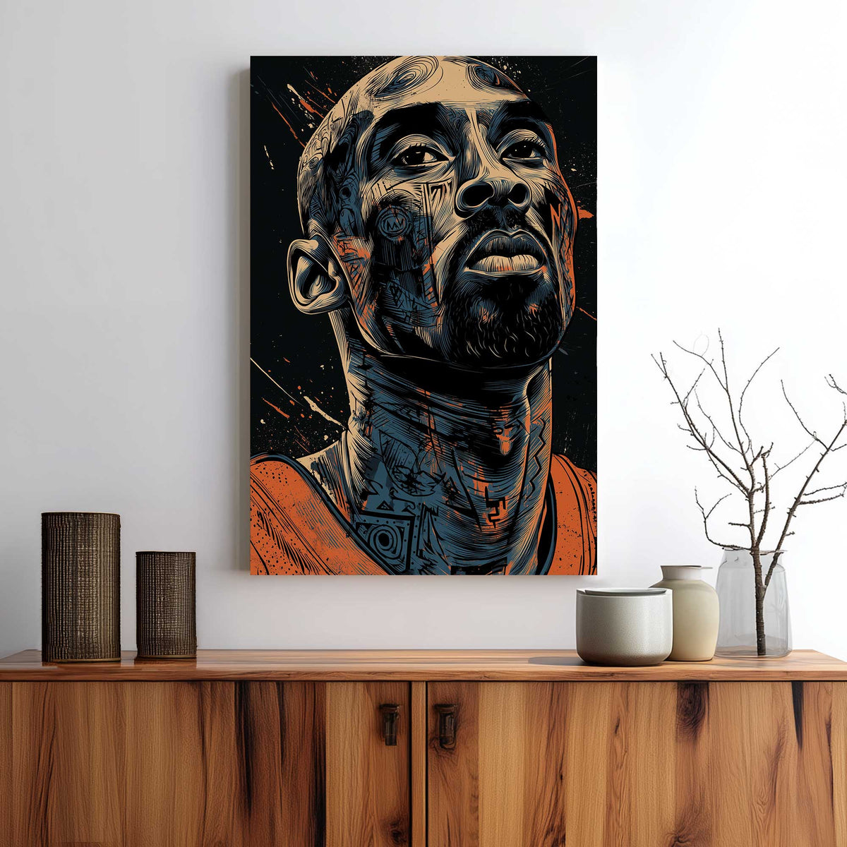Kobe Bryant inspired wall art with abstract linework and intense gaze