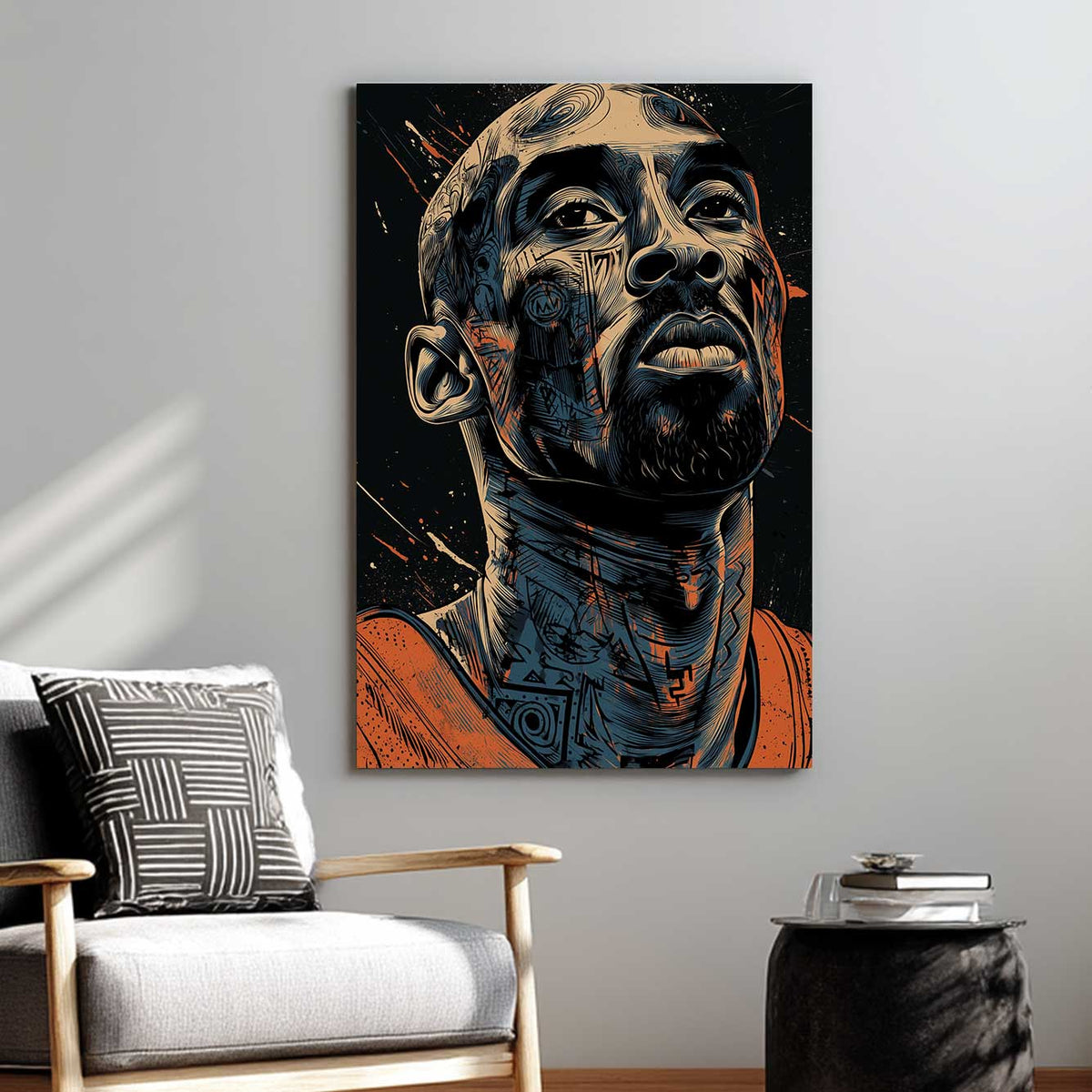 Kobe Bryant inspired wall art with abstract linework and intense gaze