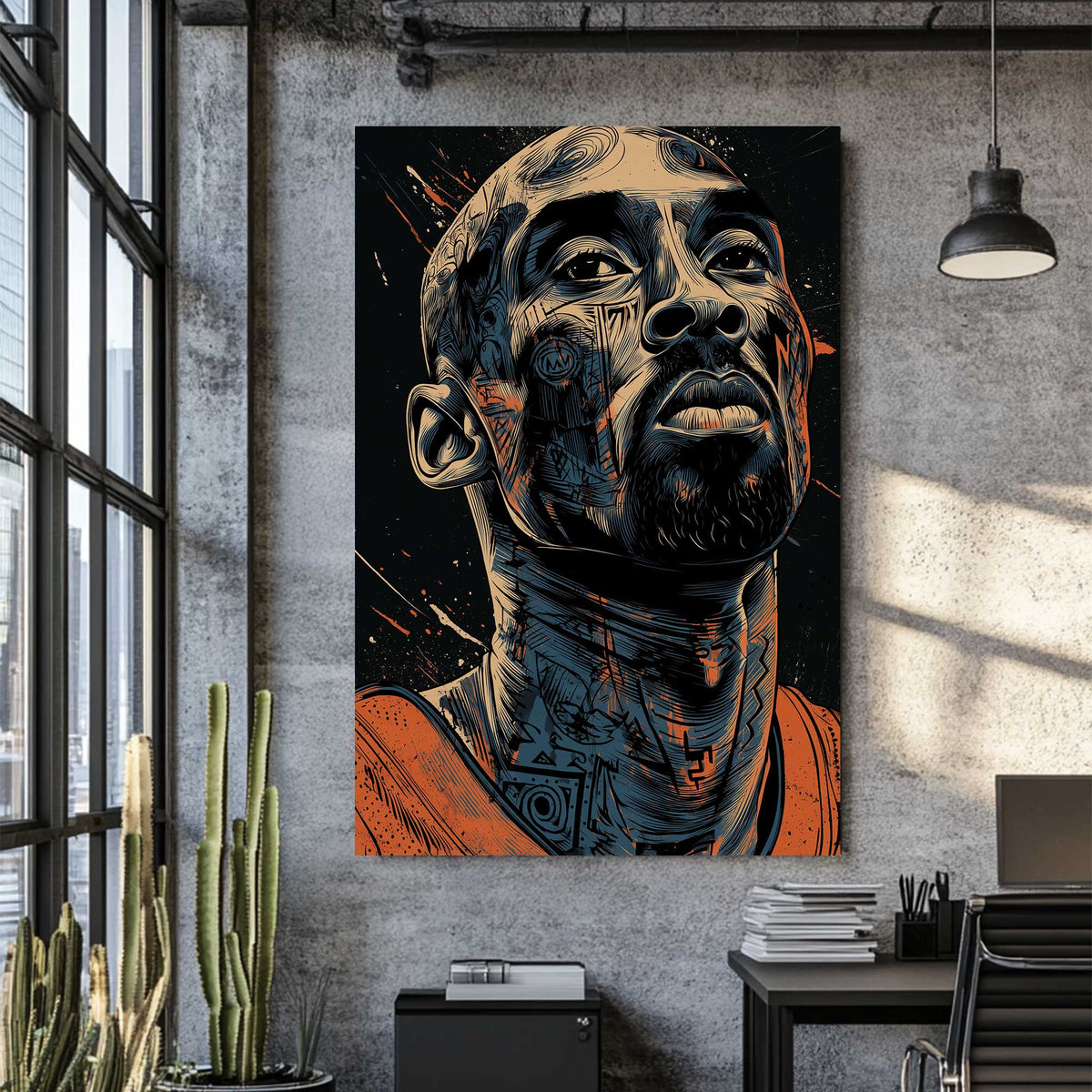 Kobe Bryant inspired wall art with abstract linework and intense gaze