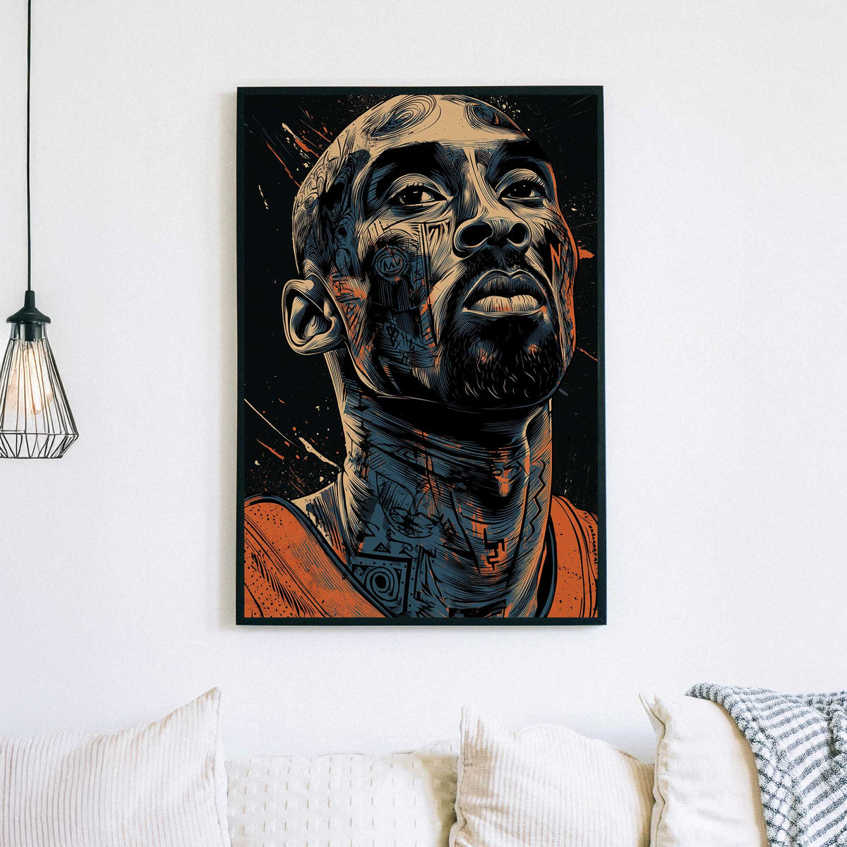 Kobe Bryant inspired wall art with abstract linework and intense gaze