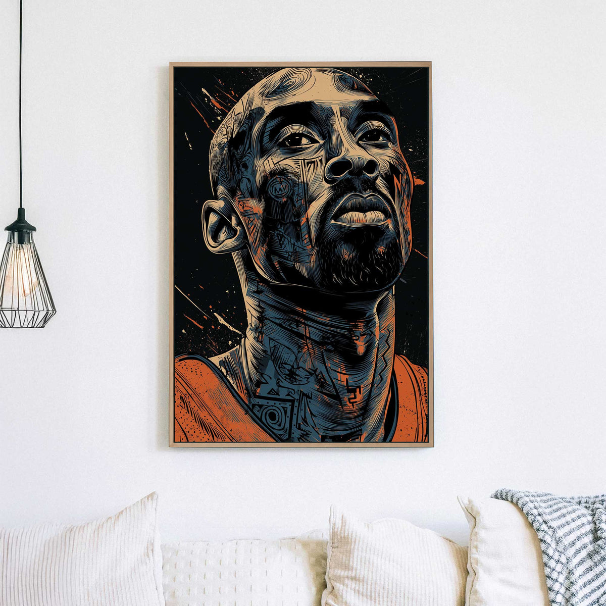 Kobe Bryant inspired wall art with abstract linework and intense gaze