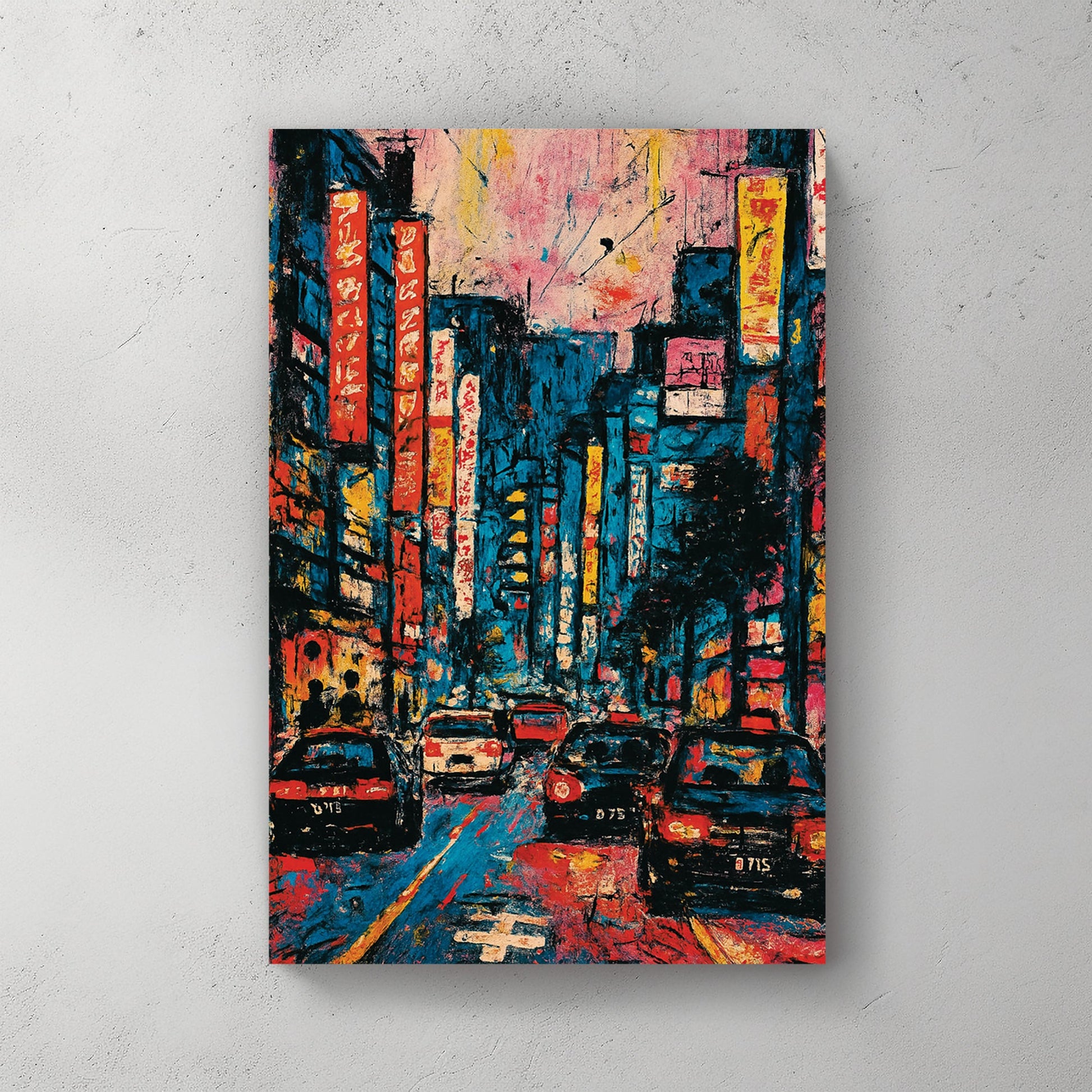colourful neon city street at night with taxis and glowing signs wall art
