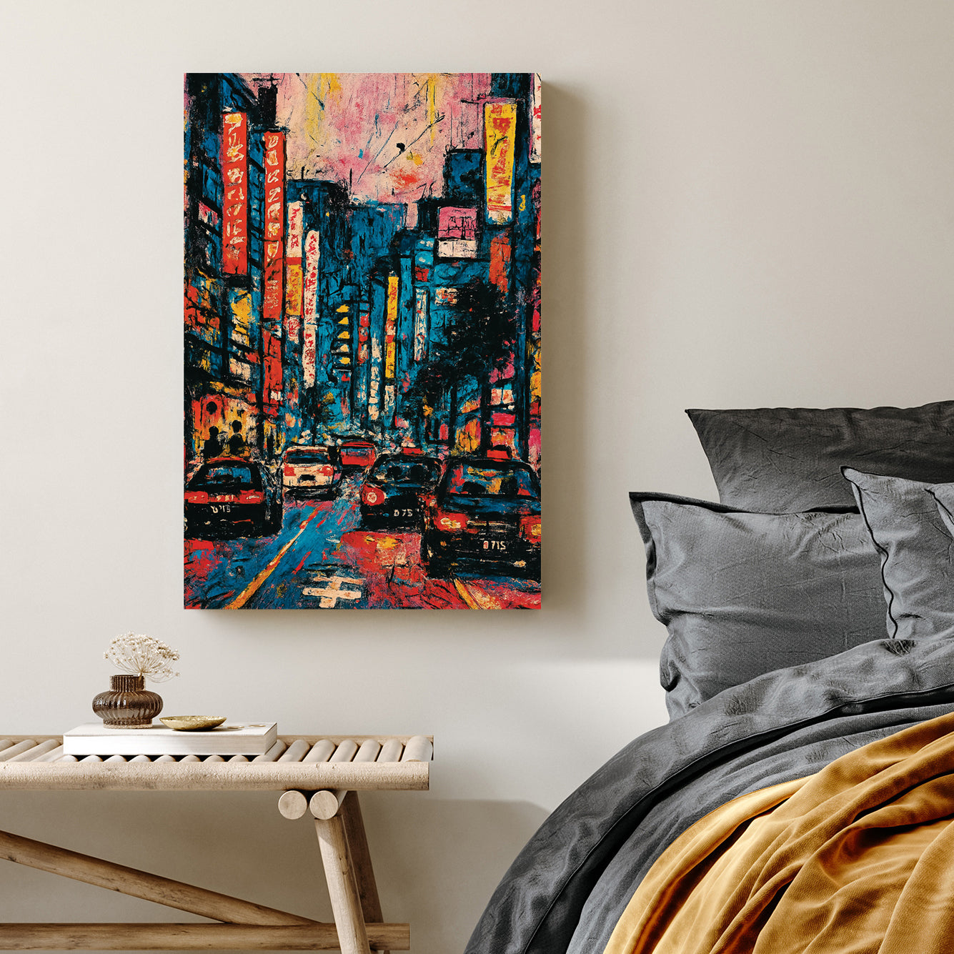 colourful neon city street at night with taxis and glowing signs wall art