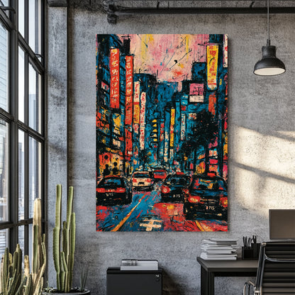 colourful neon city street at night with taxis and glowing signs wall art