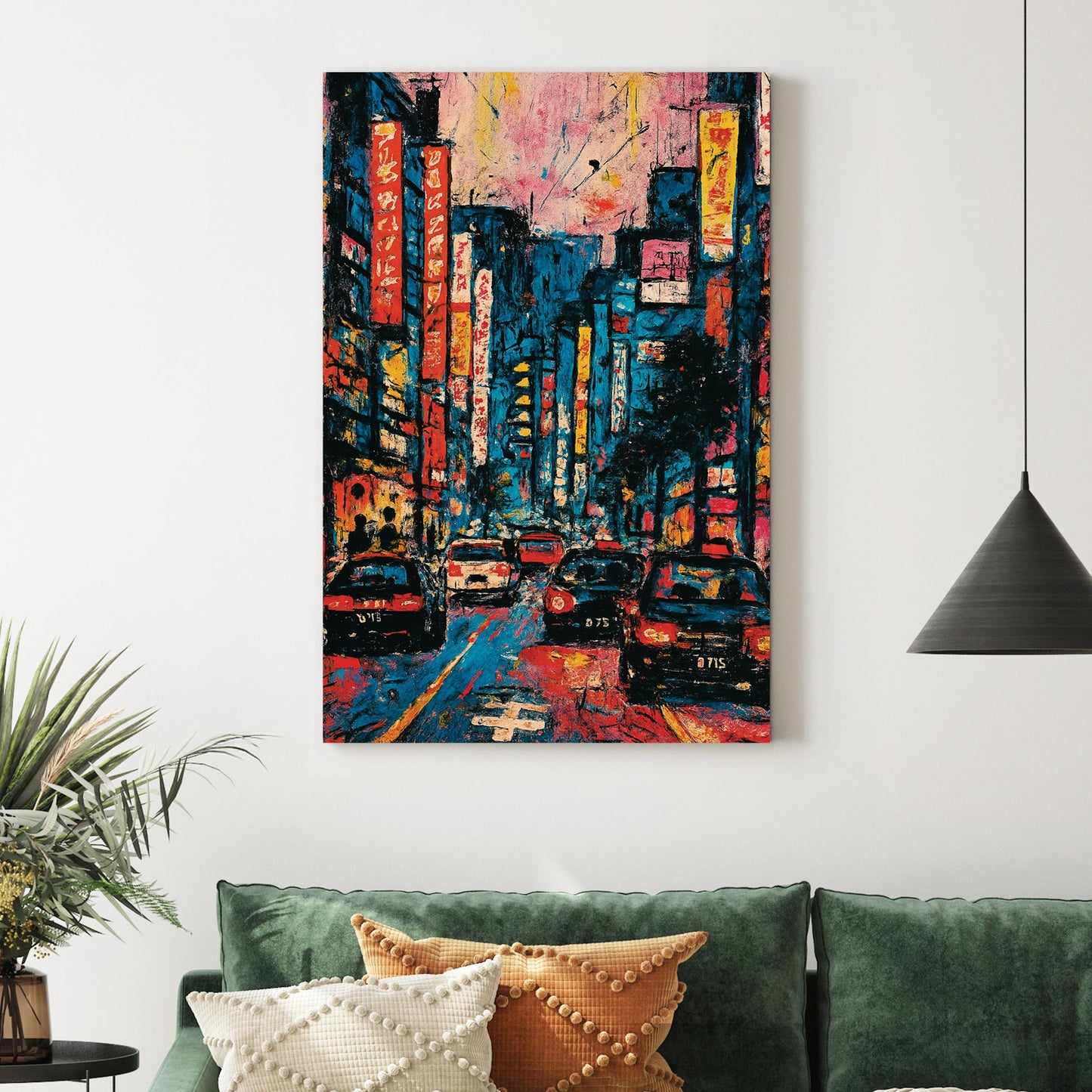 colourful neon city street at night with taxis and glowing signs wall art