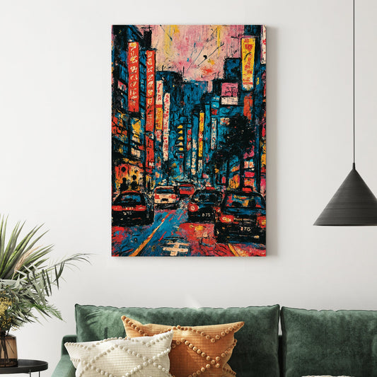 colourful neon city street at night with taxis and glowing signs wall art