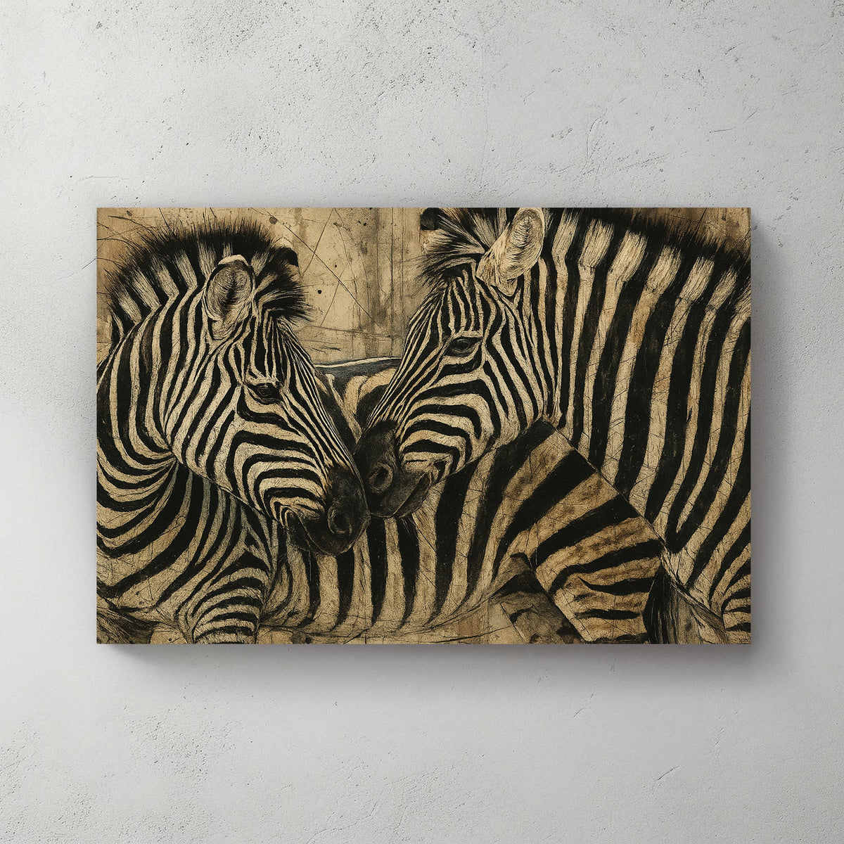 two zebras nuzzling with textured background wall art