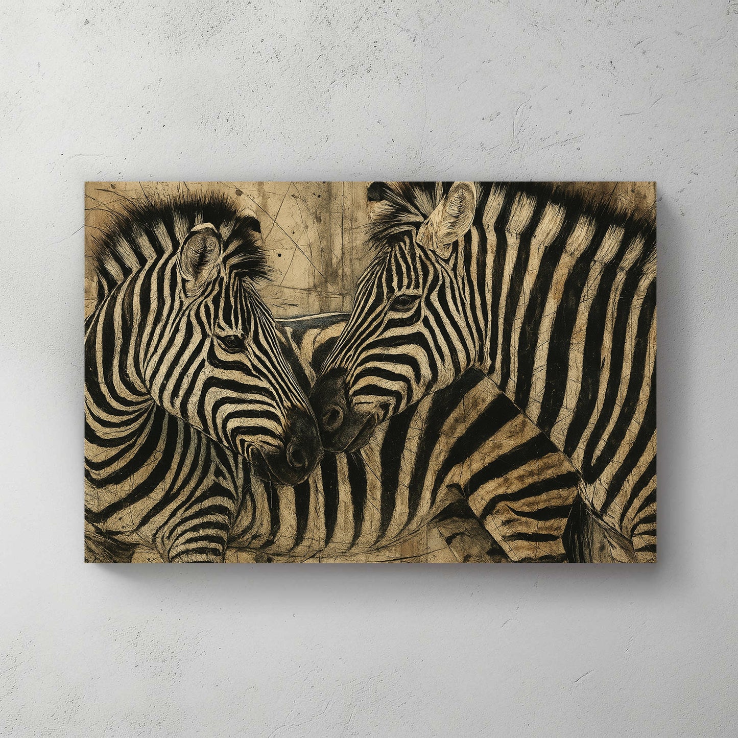 two zebras nuzzling with textured background wall art