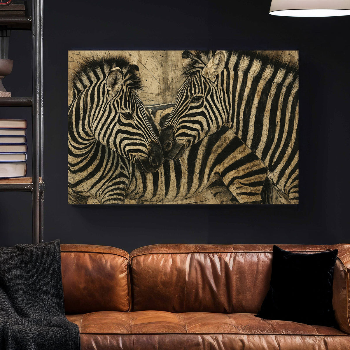 two zebras nuzzling with textured background wall art