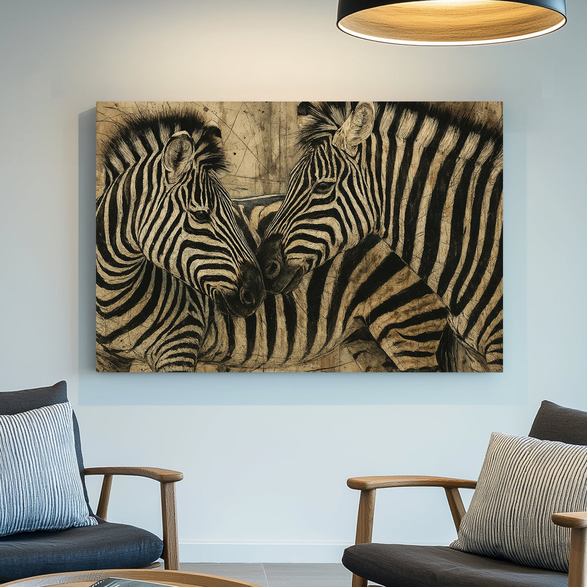 two zebras nuzzling with textured background wall art
