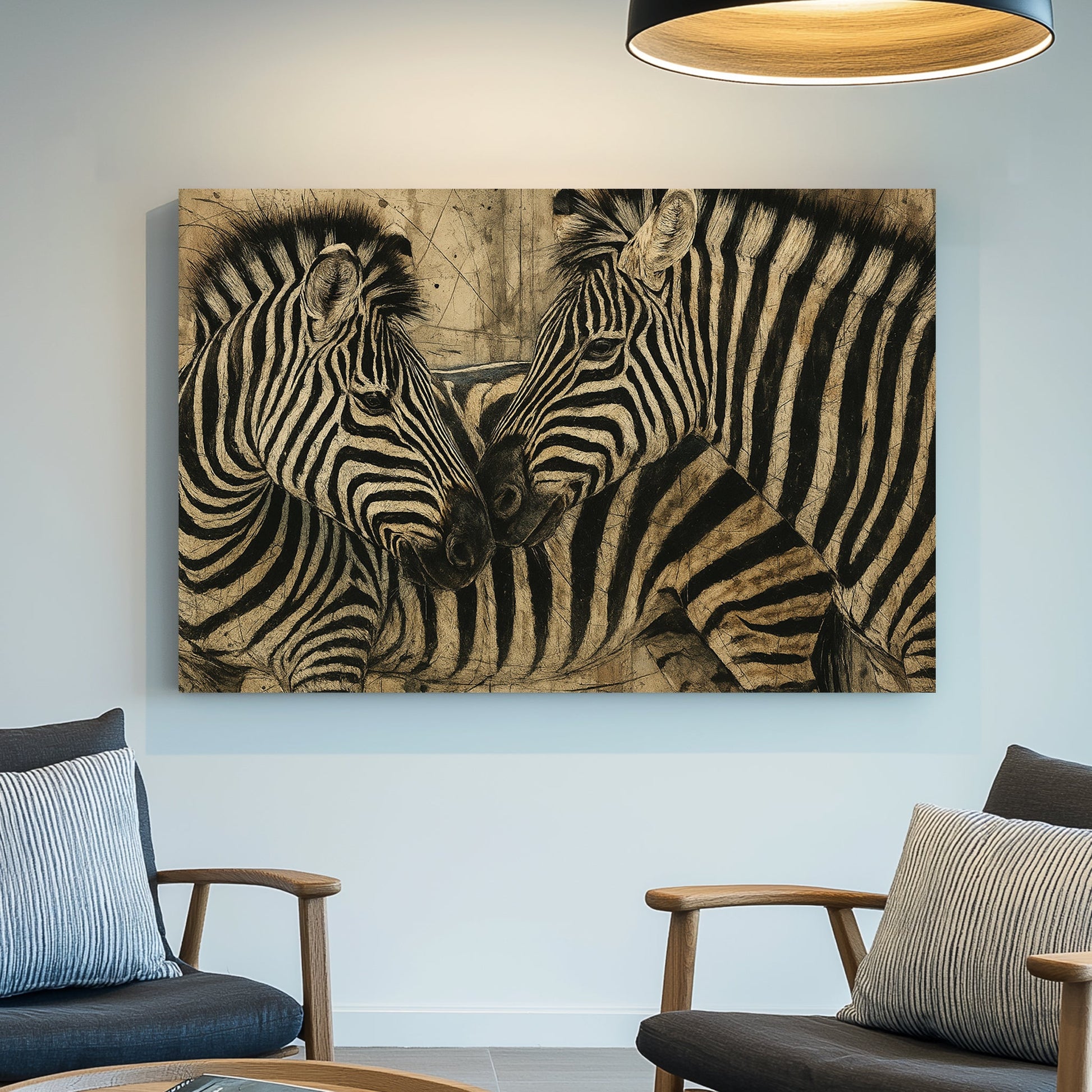 two zebras nuzzling with textured background wall art