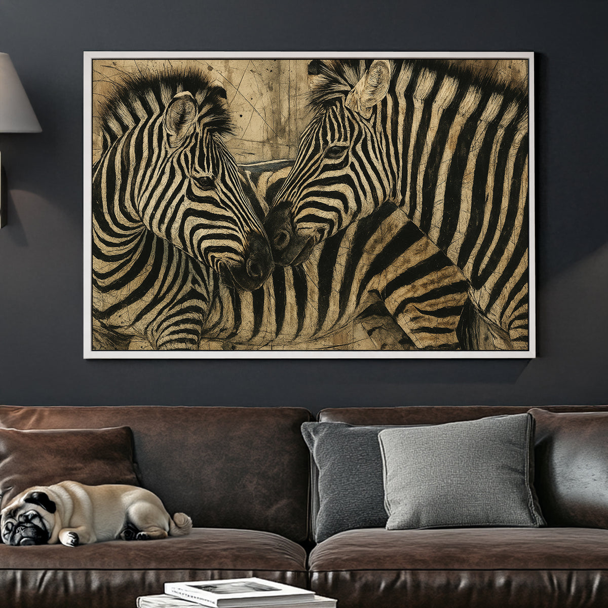 two zebras nuzzling with textured background wall art