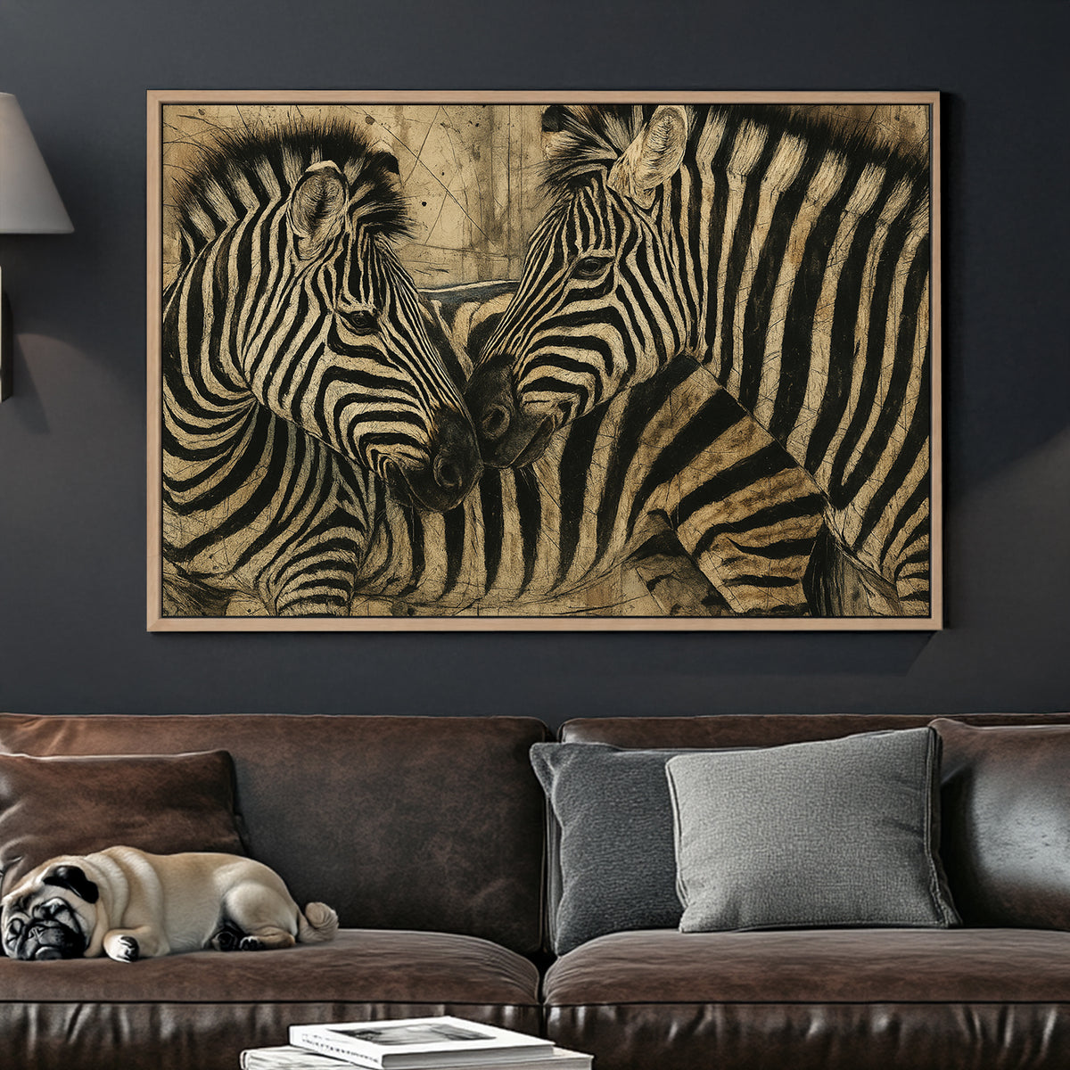 two zebras nuzzling with textured background wall art
