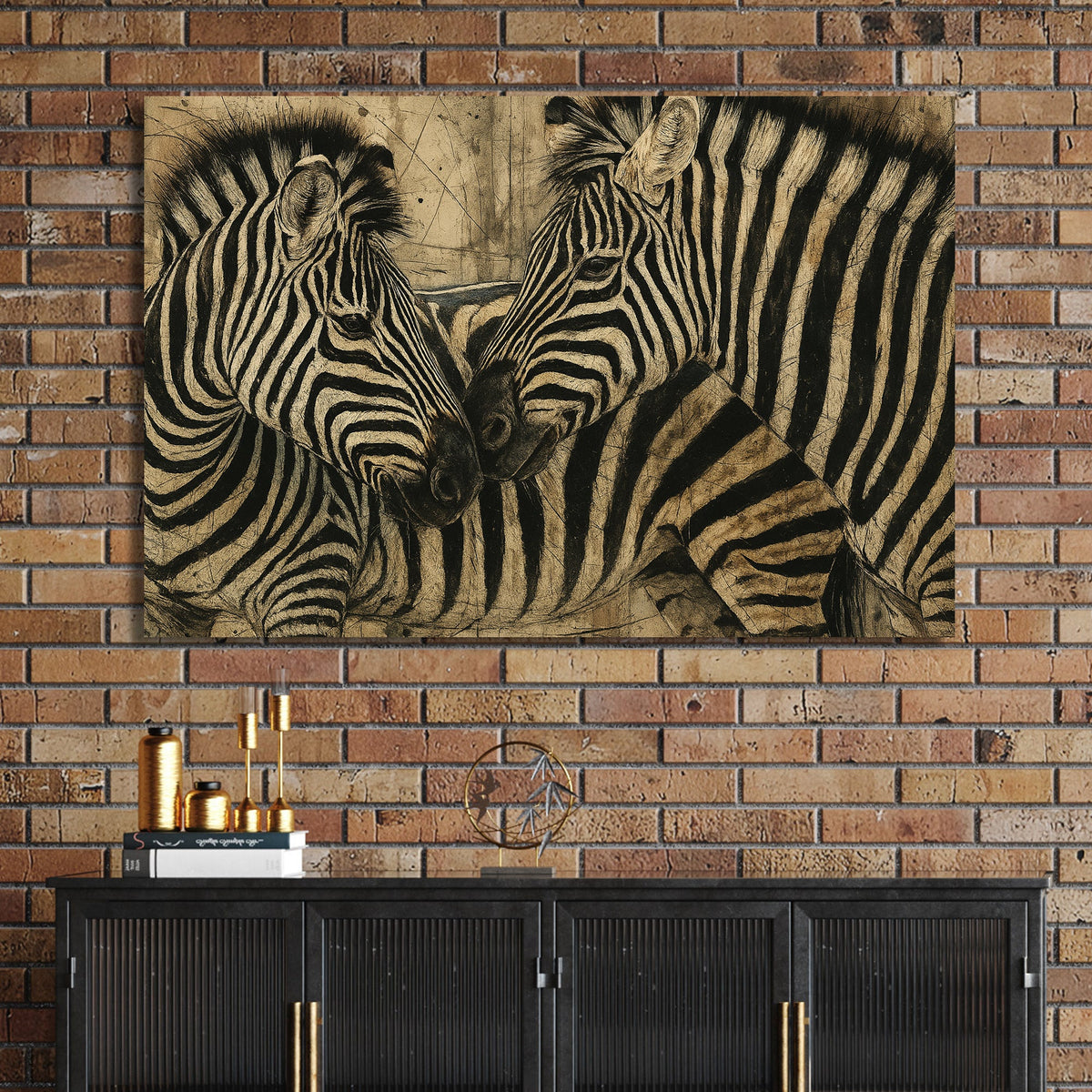two zebras nuzzling with textured background wall art