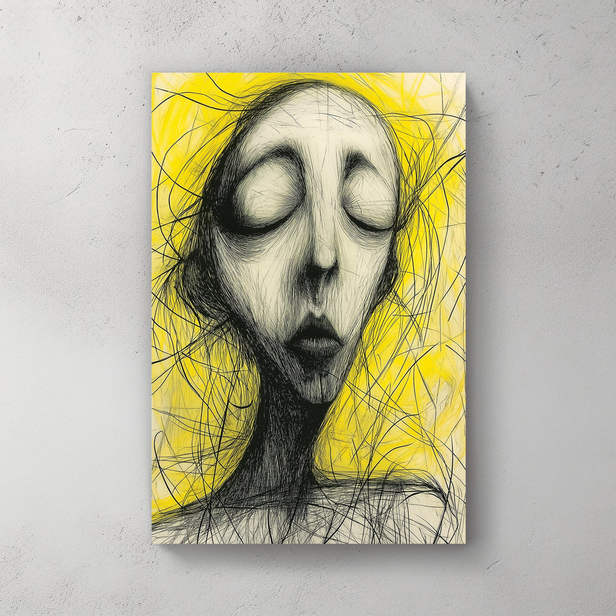 abstract black and yellow sketch of closed-eyed figure wall art
