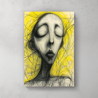 abstract black and yellow sketch of closed-eyed figure wall art