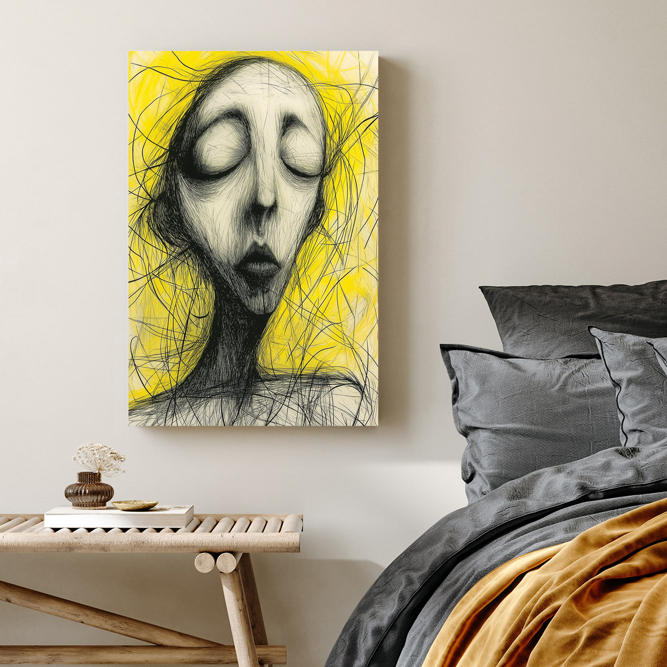 abstract black and yellow sketch of closed-eyed figure wall art