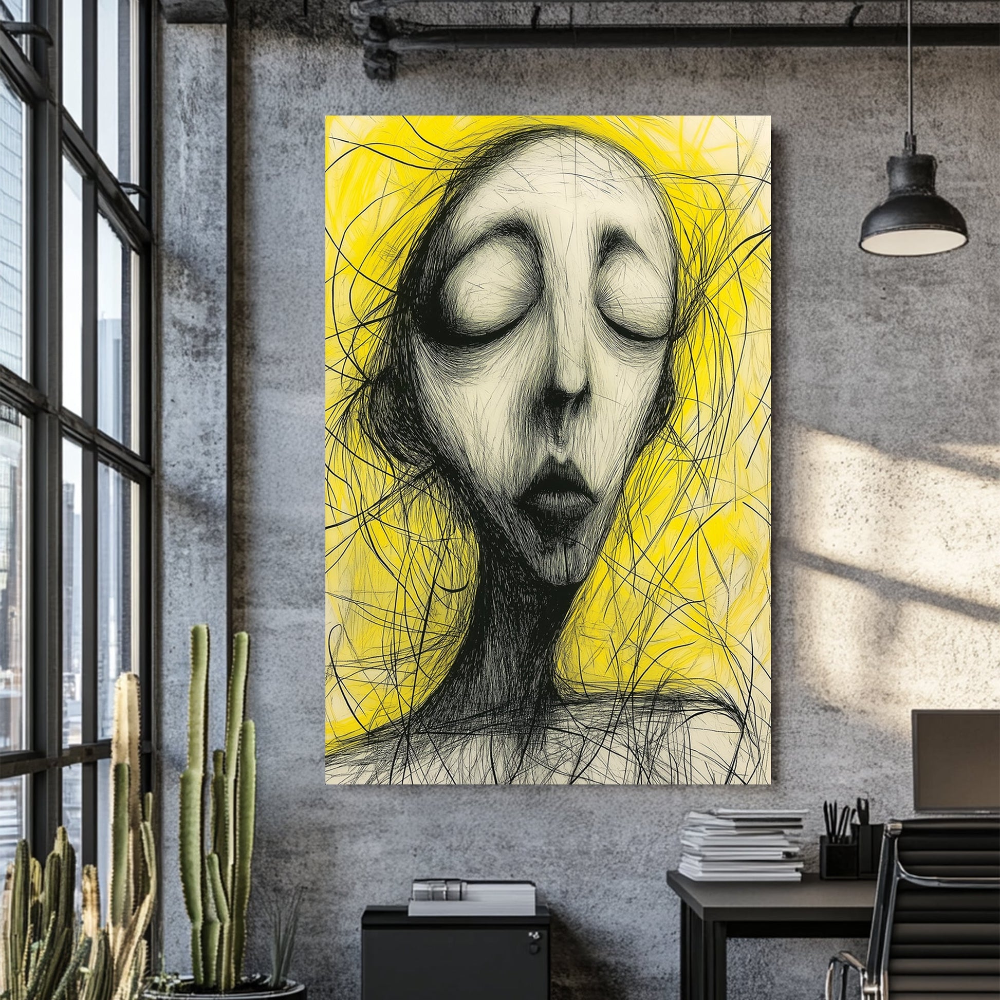 abstract black and yellow sketch of closed-eyed figure wall art