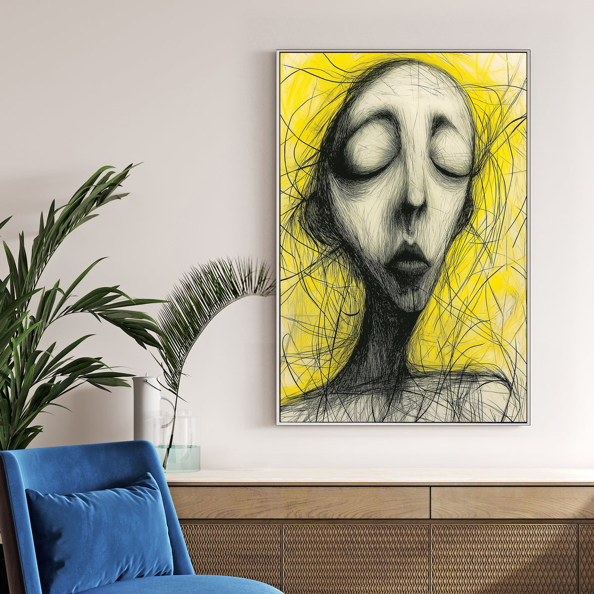 abstract black and yellow sketch of closed-eyed figure wall art
