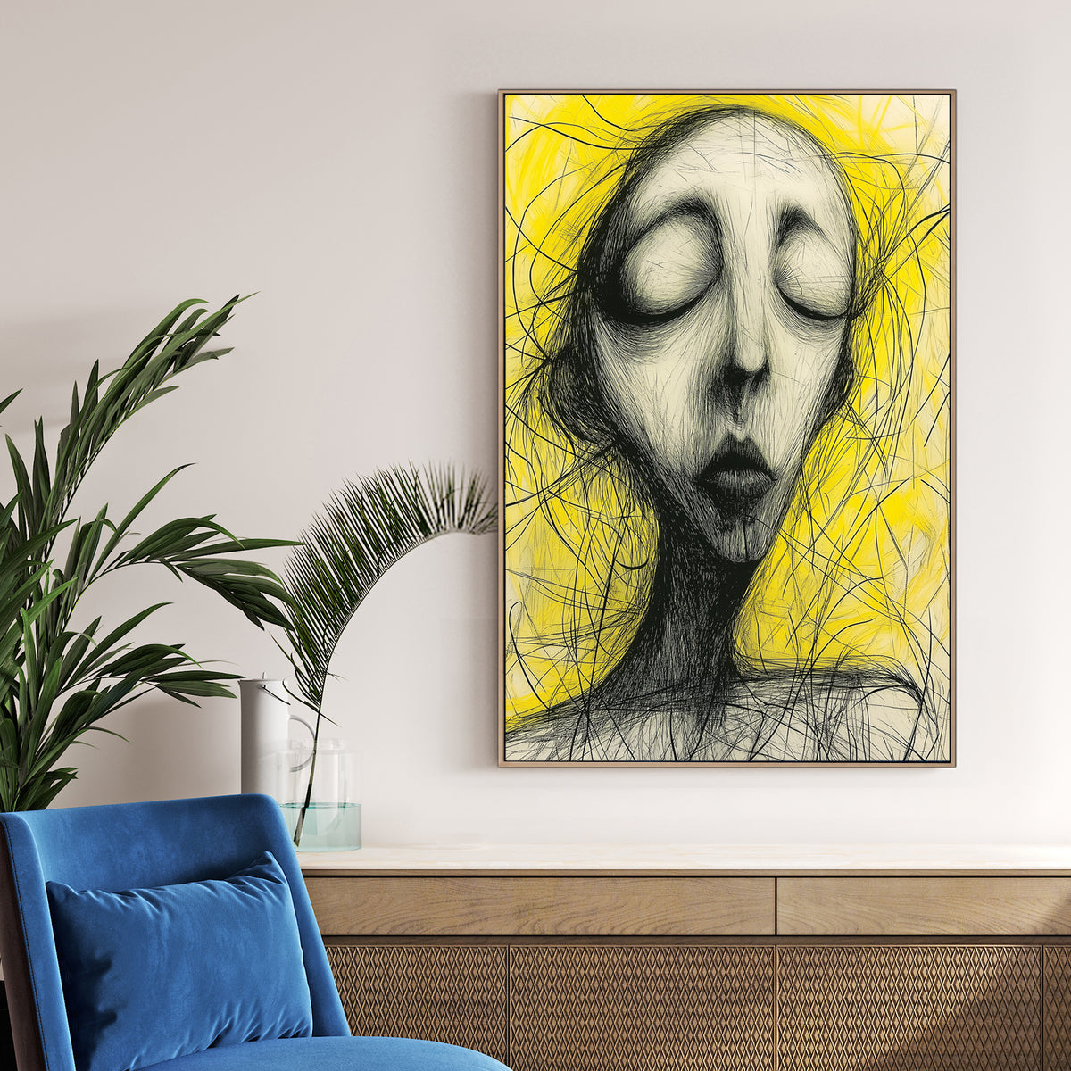 abstract black and yellow sketch of closed-eyed figure wall art