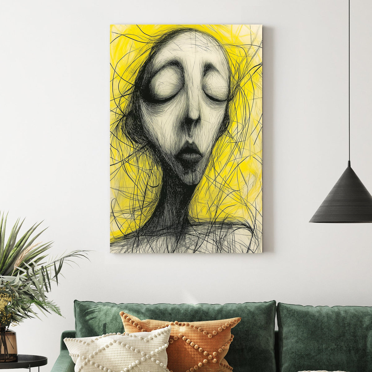 abstract black and yellow sketch of closed-eyed figure wall art