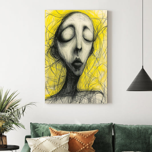 abstract black and yellow sketch of closed-eyed figure wall art