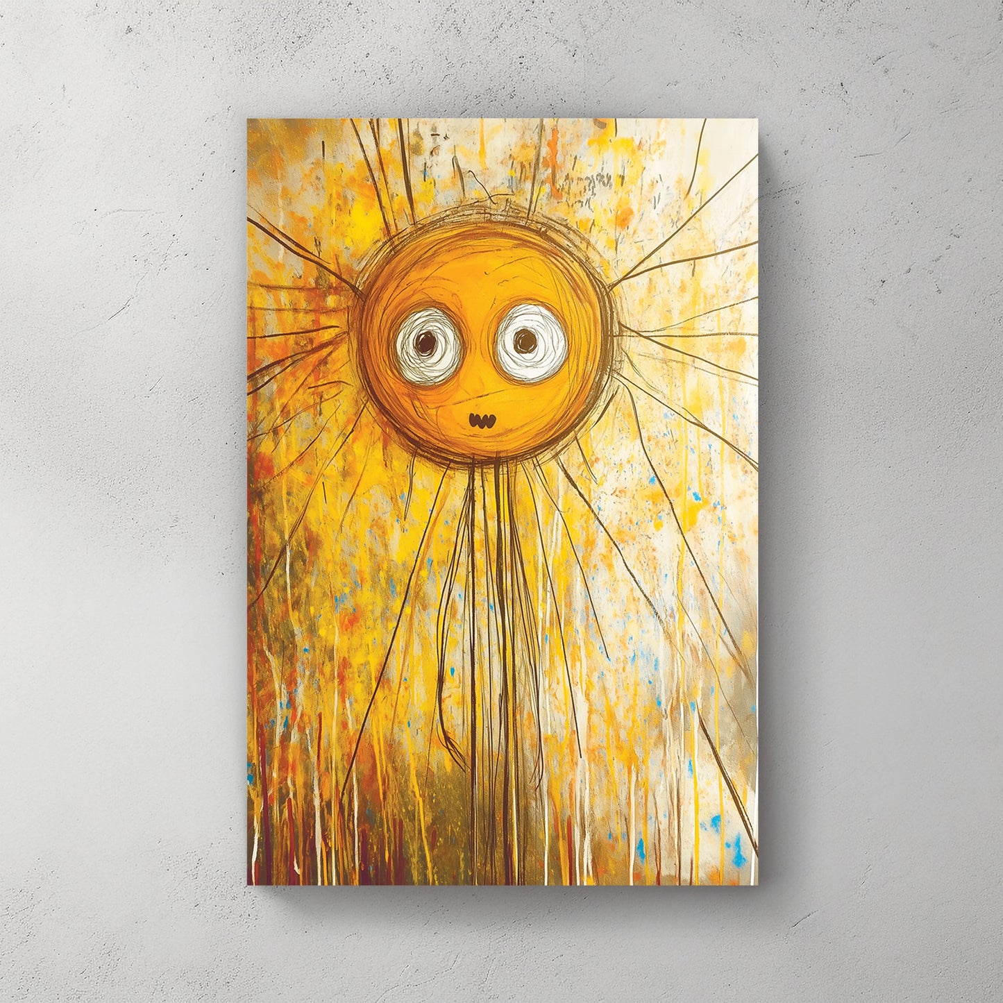 quirky cartoon-style sun with expressive eyes in abstract yellow wall art
