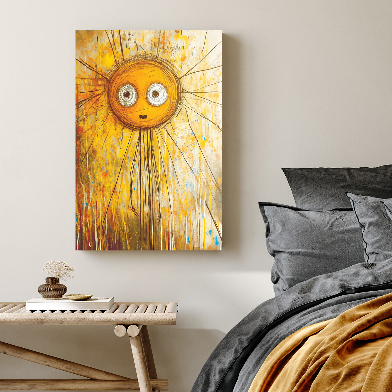 quirky cartoon-style sun with expressive eyes in abstract yellow wall art