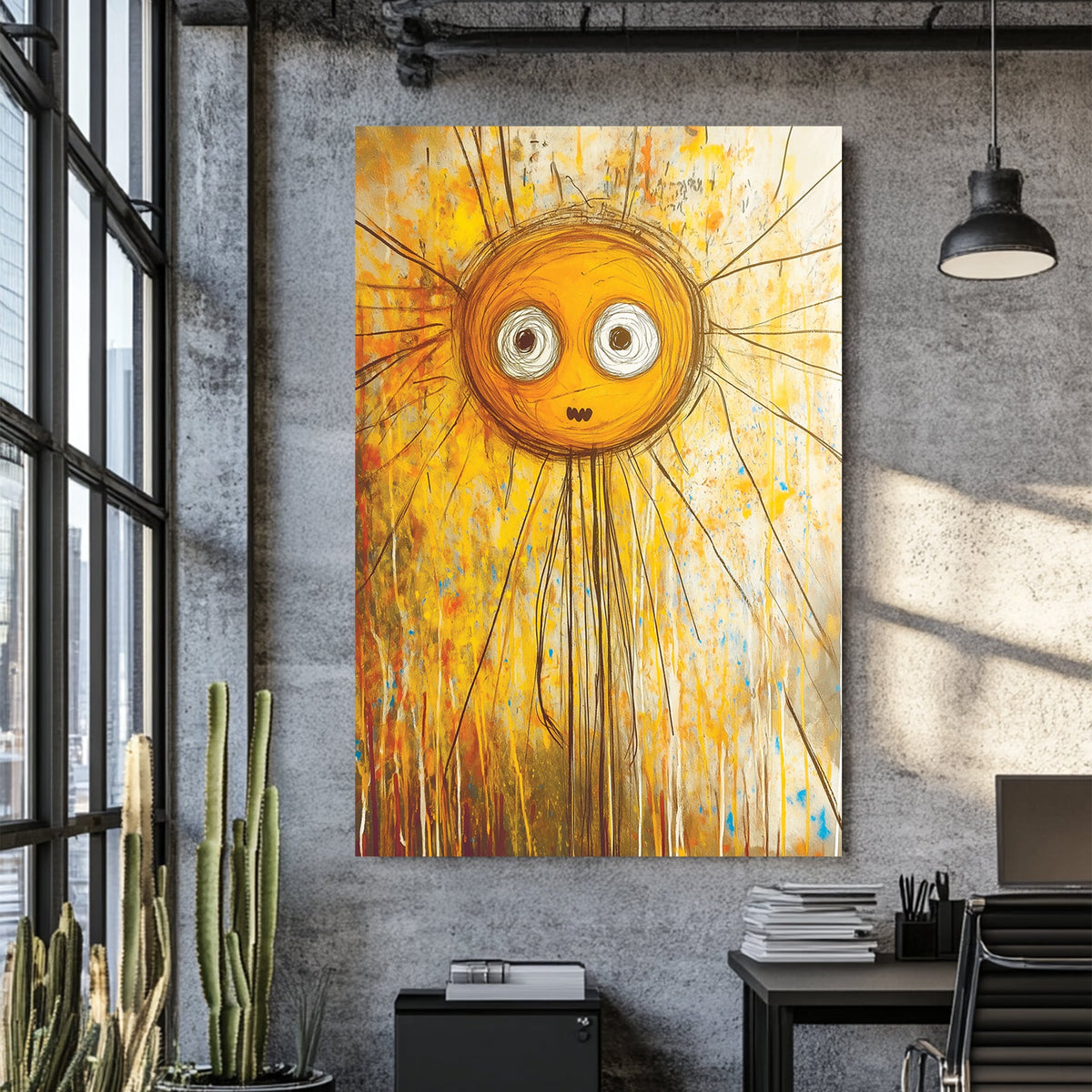 quirky cartoon-style sun with expressive eyes in abstract yellow wall art