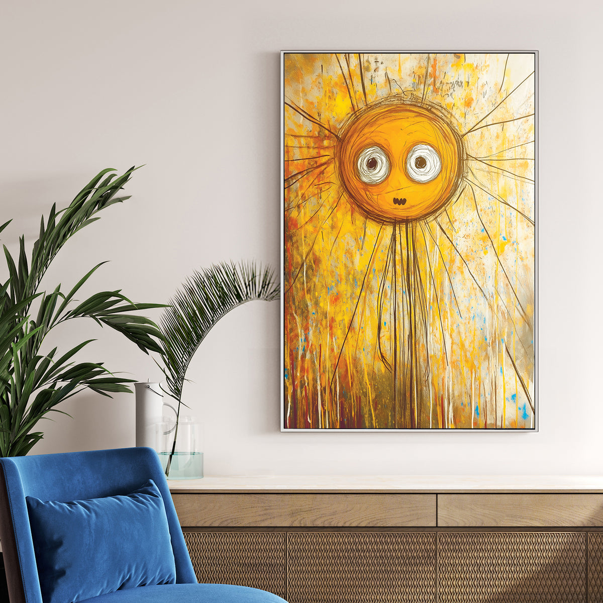 quirky cartoon-style sun with expressive eyes in abstract yellow wall art