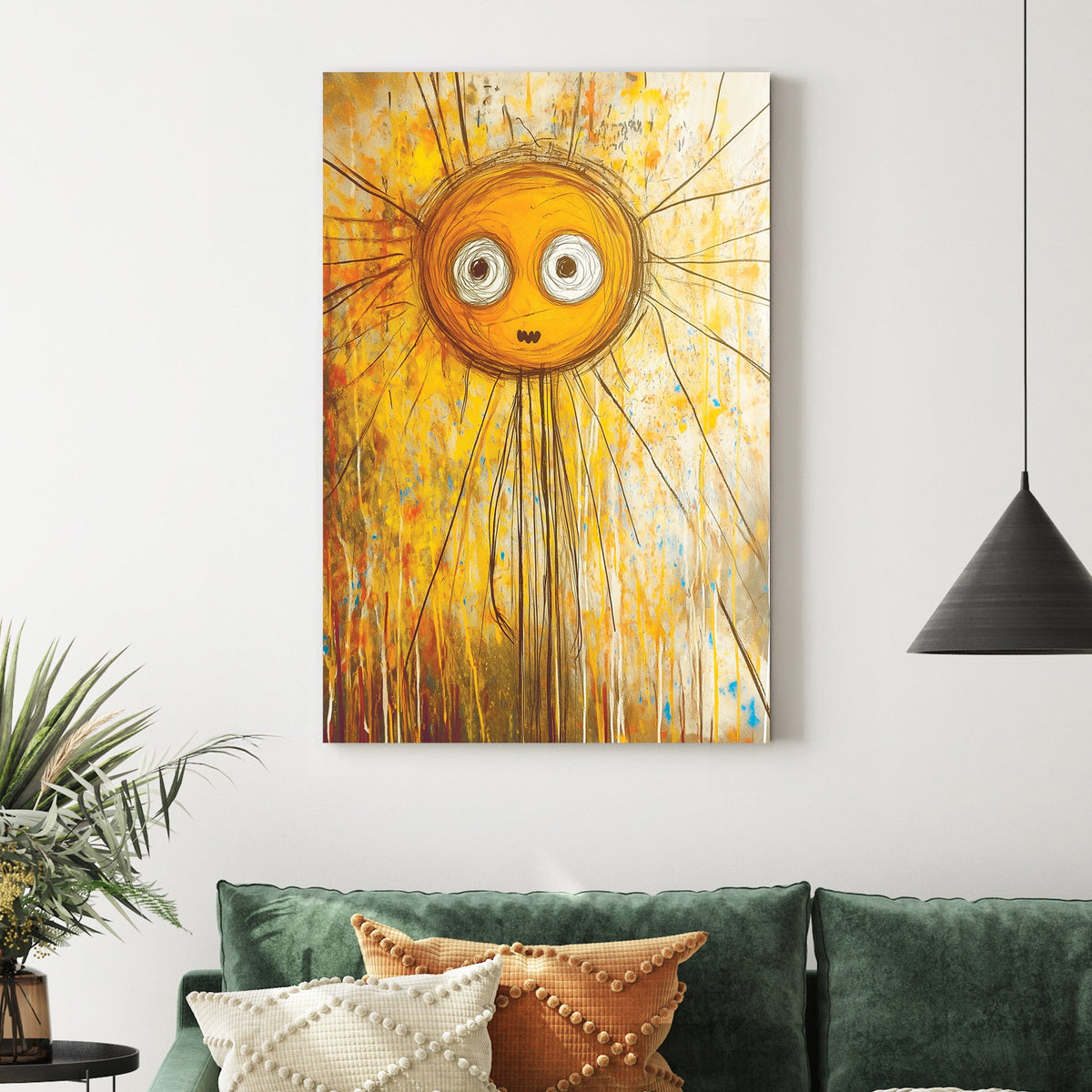 quirky cartoon-style sun with expressive eyes in abstract yellow wall art