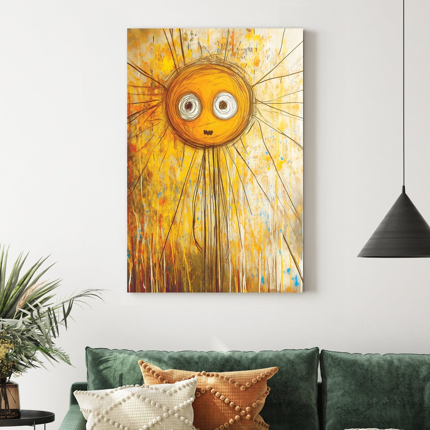 quirky cartoon-style sun with expressive eyes in abstract yellow wall art