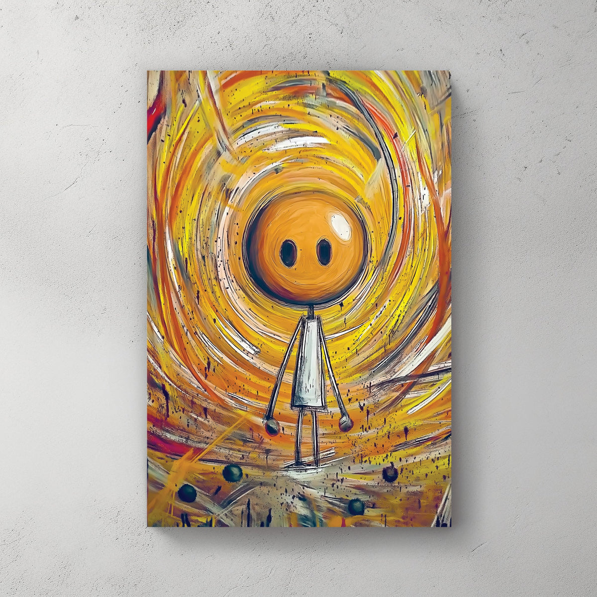 whimsical stick figure in swirling yellow orange abstract background wall art