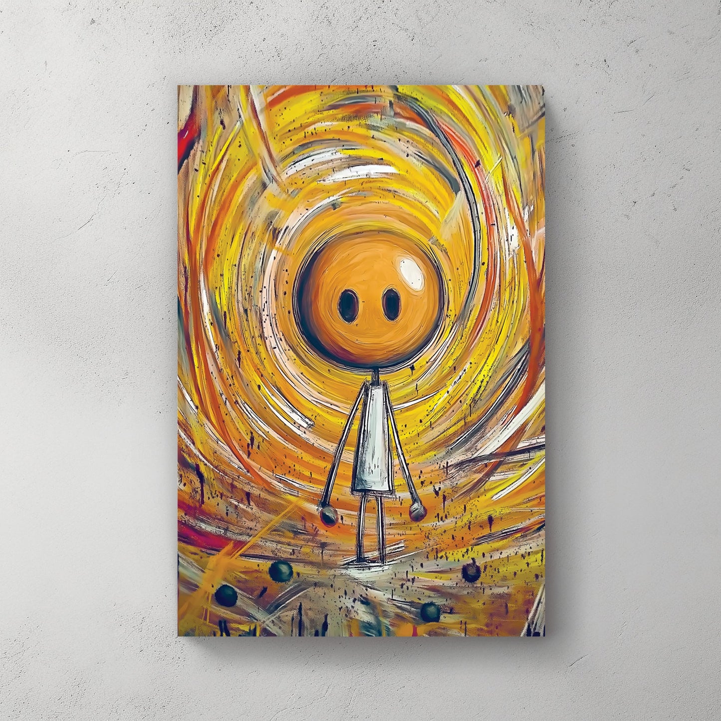whimsical stick figure in swirling yellow orange abstract background wall art