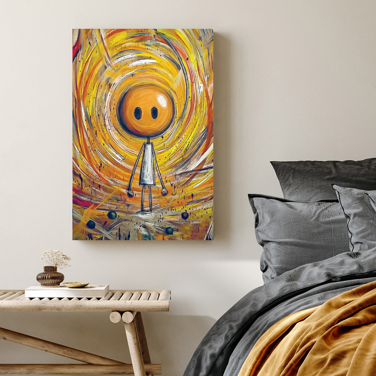 whimsical stick figure in swirling yellow orange abstract background wall art