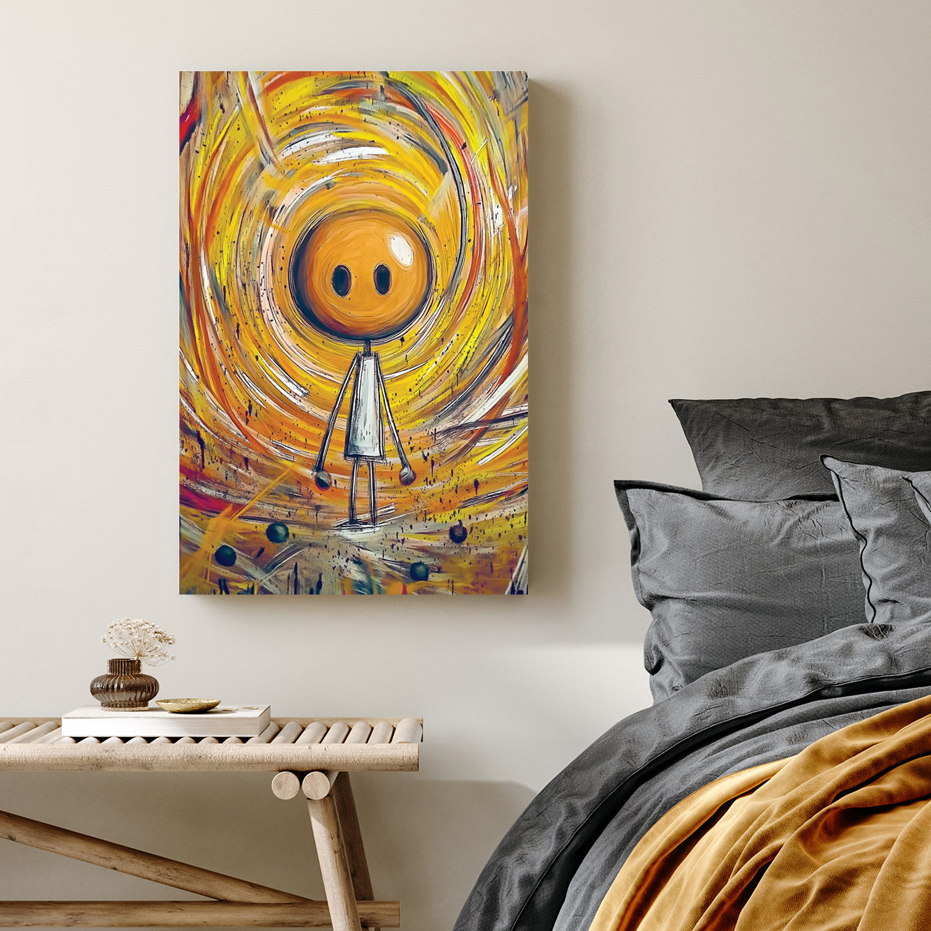 whimsical stick figure in swirling yellow orange abstract background wall art