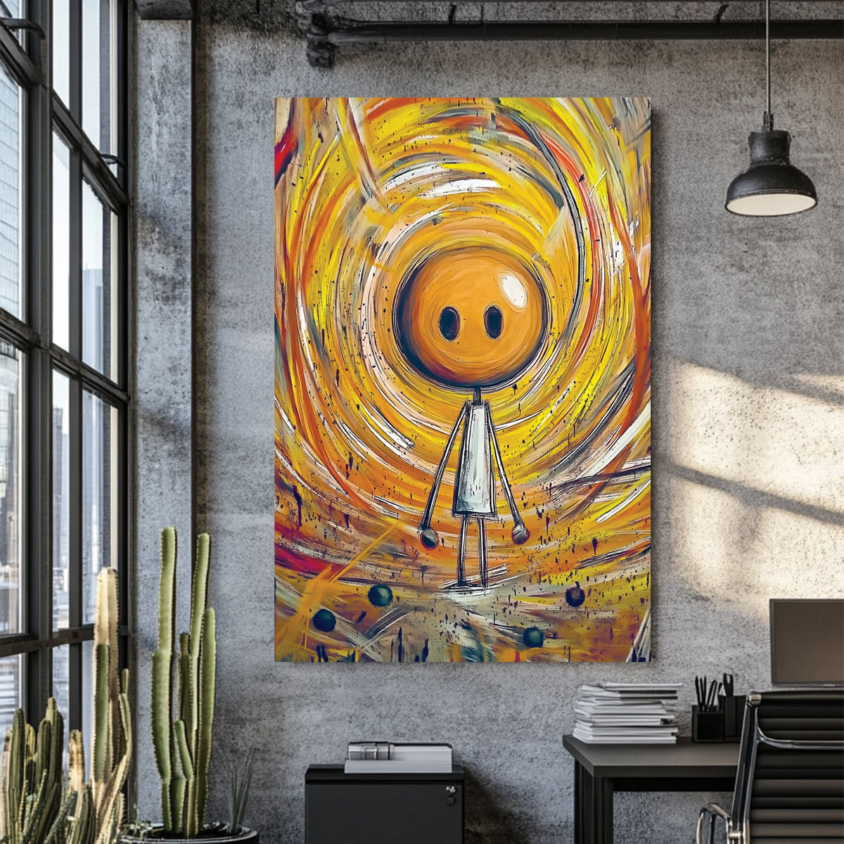 whimsical stick figure in swirling yellow orange abstract background wall art
