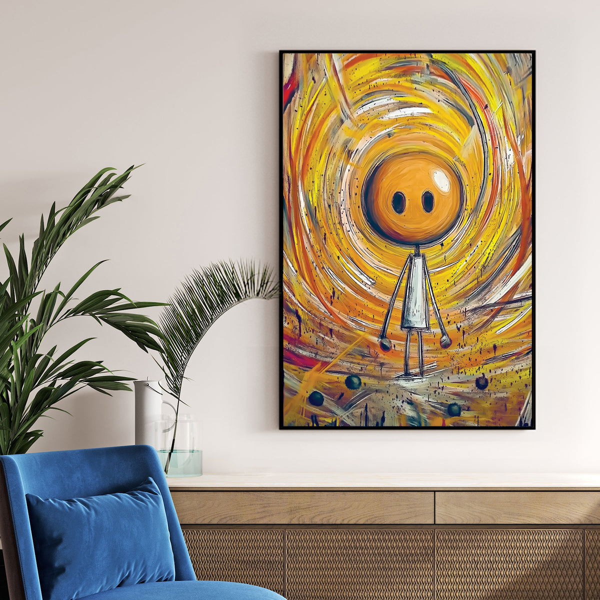 whimsical stick figure in swirling yellow orange abstract background wall art