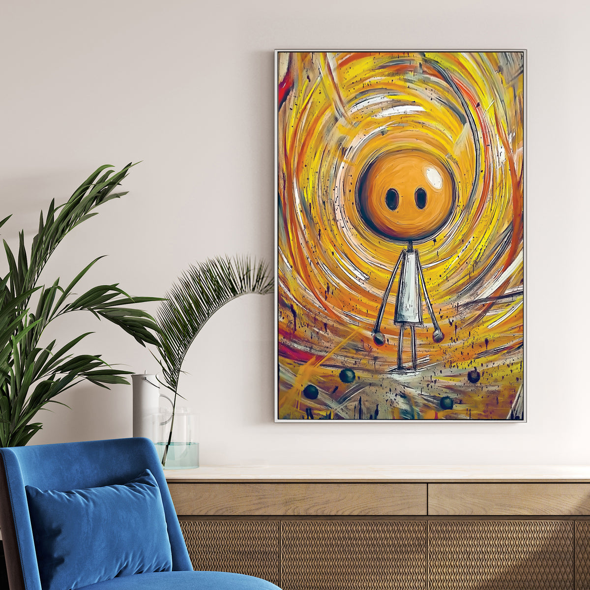 whimsical stick figure in swirling yellow orange abstract background wall art