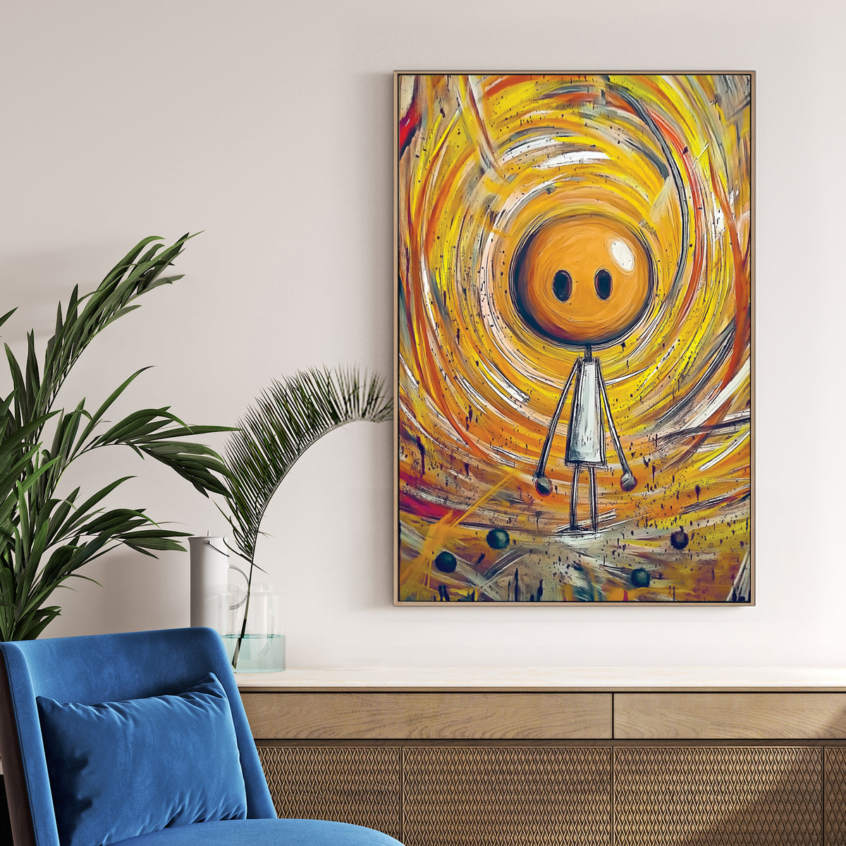 whimsical stick figure in swirling yellow orange abstract background wall art