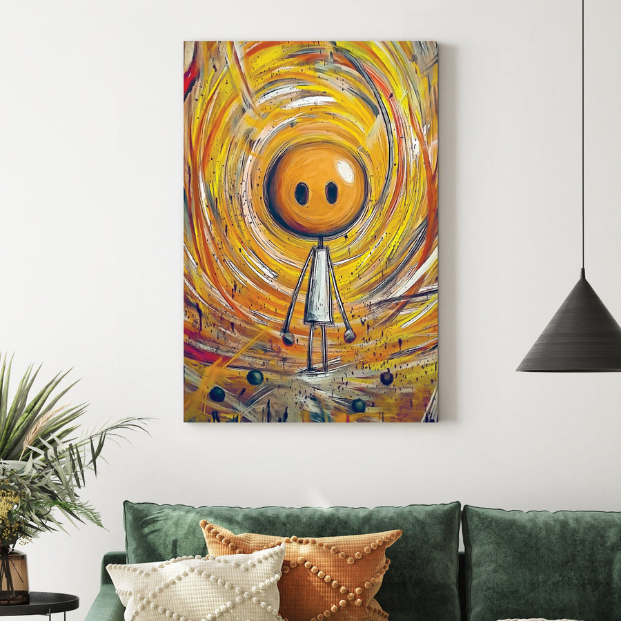 whimsical stick figure in swirling yellow orange abstract background wall art